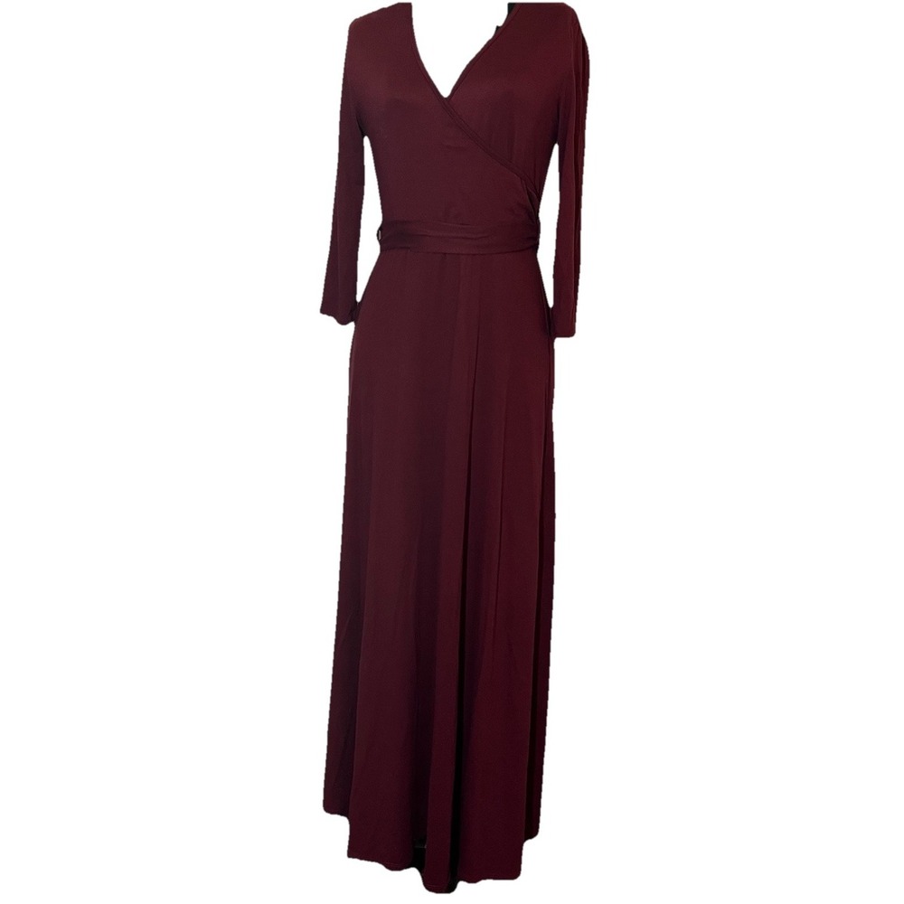 Mother Bee Maternity Dress Long Burgandy V-neck Stretchy Tie Up Sz S